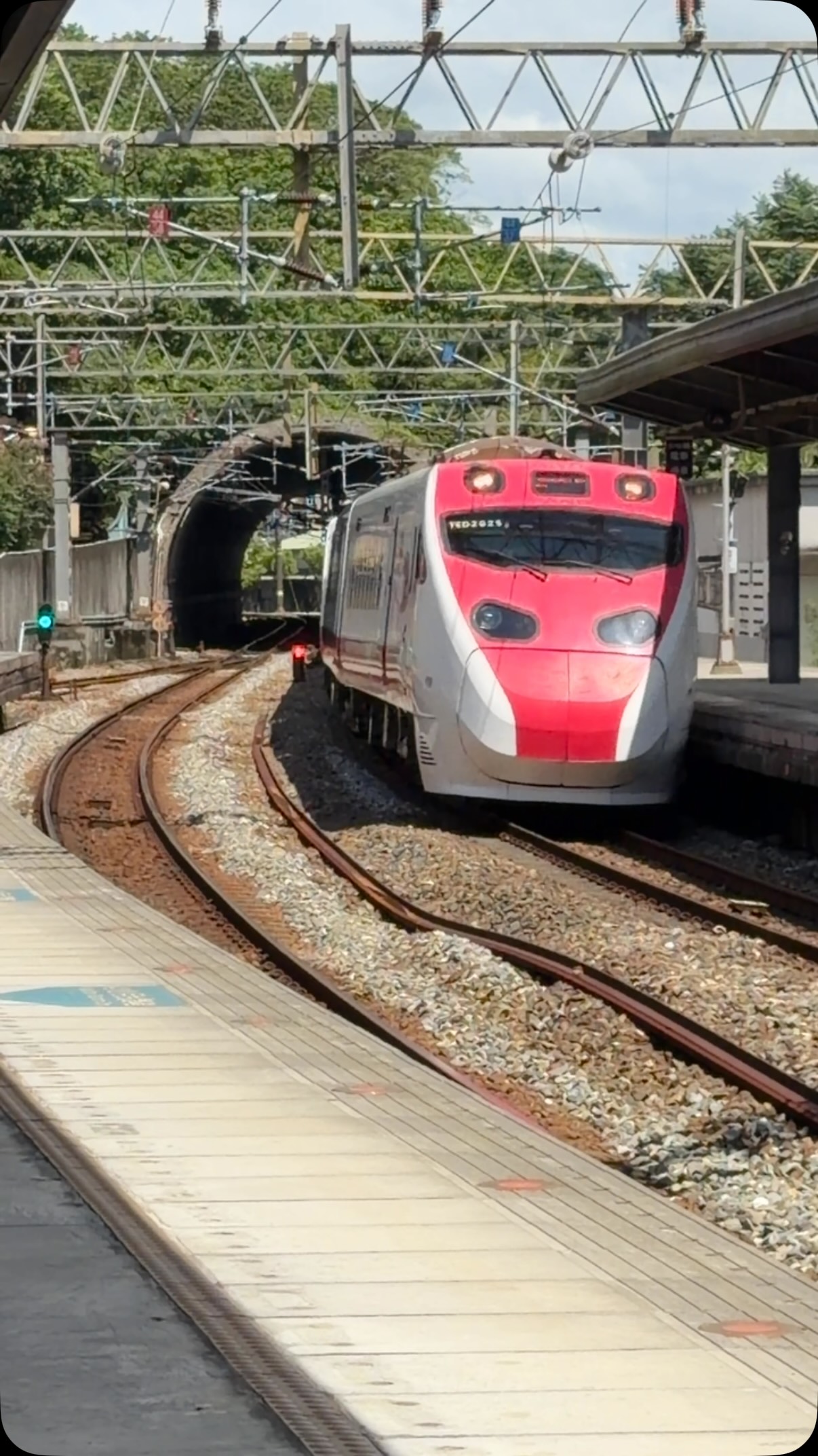 捕捉271列車駛出隧道、俐落劃過月台彎道的瞬間!日光灑在經典紅白車頭與鐵軌上,與對向1006列車交會美感。
#普悠瑪號
#emu900 縮圖