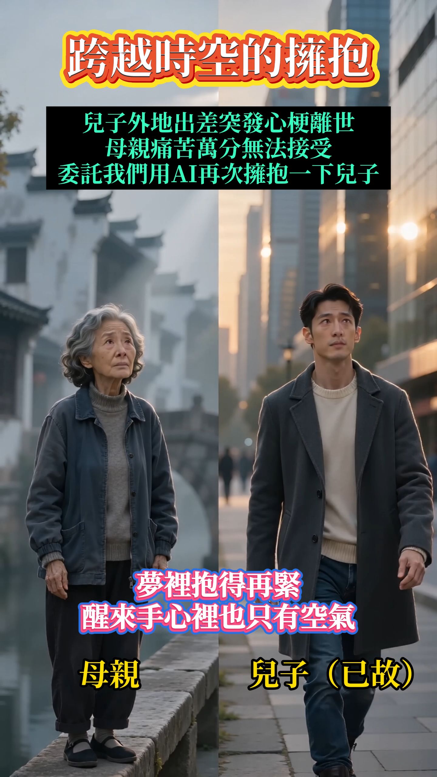 這條影片是受客戶委託定製，兒子外出出差期間突發心梗離世，突如其來的消息讓母親一直難以接受，也始終放不下對兒子的思念。後來家人找到我們，希望透過AI照片復刻的方式，讓母親再和兒子擁抱一次，也給這份來不及好好告別的思念留下一份安慰。#ai #親子 #回憶 #感人 #codex 縮圖