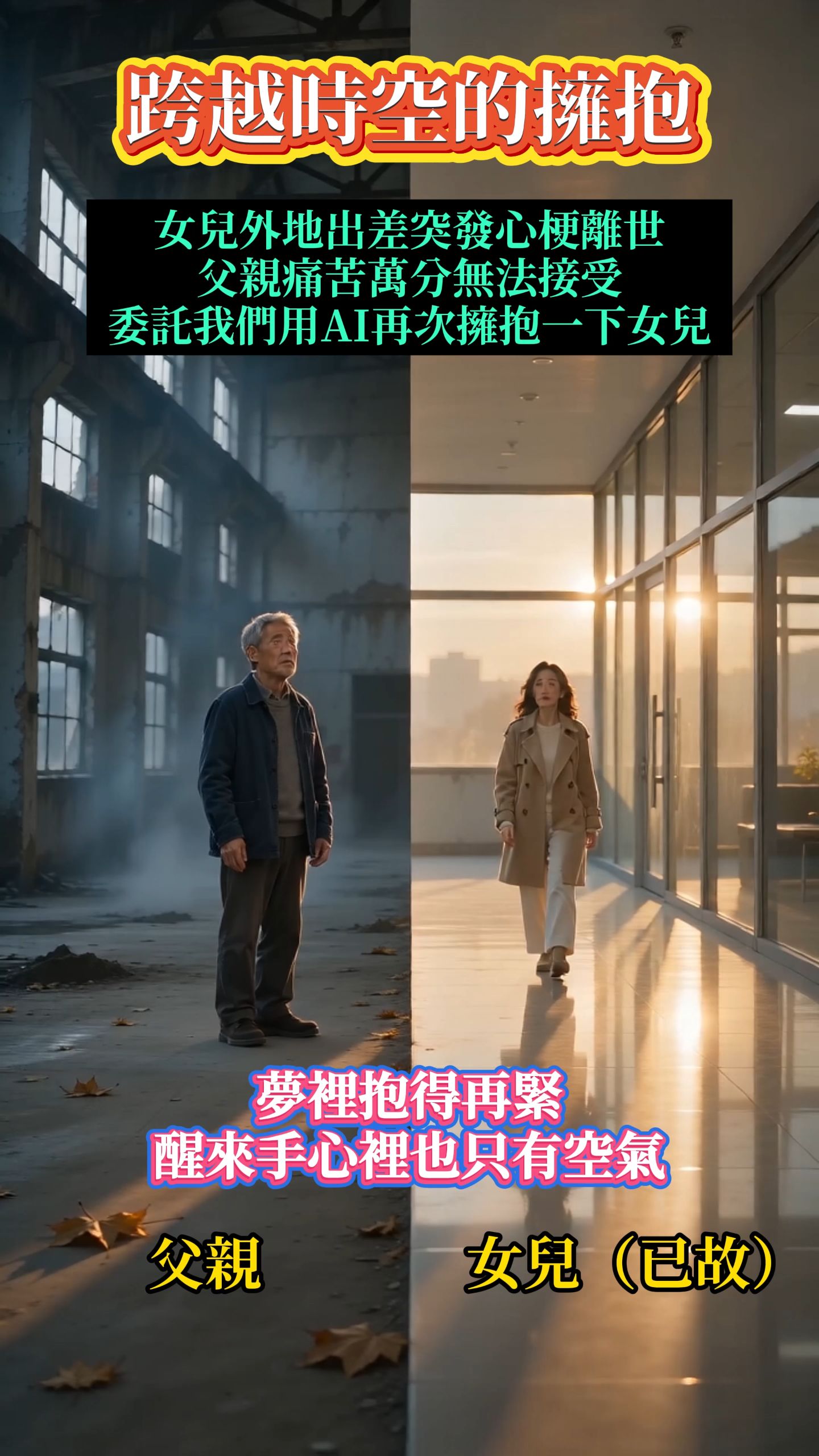 這條影片是受客戶委託定製，女兒外出出差期間突發心梗離世，突如其來的消息讓父親一直難以接受，也始終放不下對女兒的思念。後來家人找到我們，希望透過AI照片復刻的方式，讓父親再和女兒擁抱一次，也給這份來不及好好告別的思念留下一份安慰。 #ai #親子 #回憶 #感人 #codex 縮圖