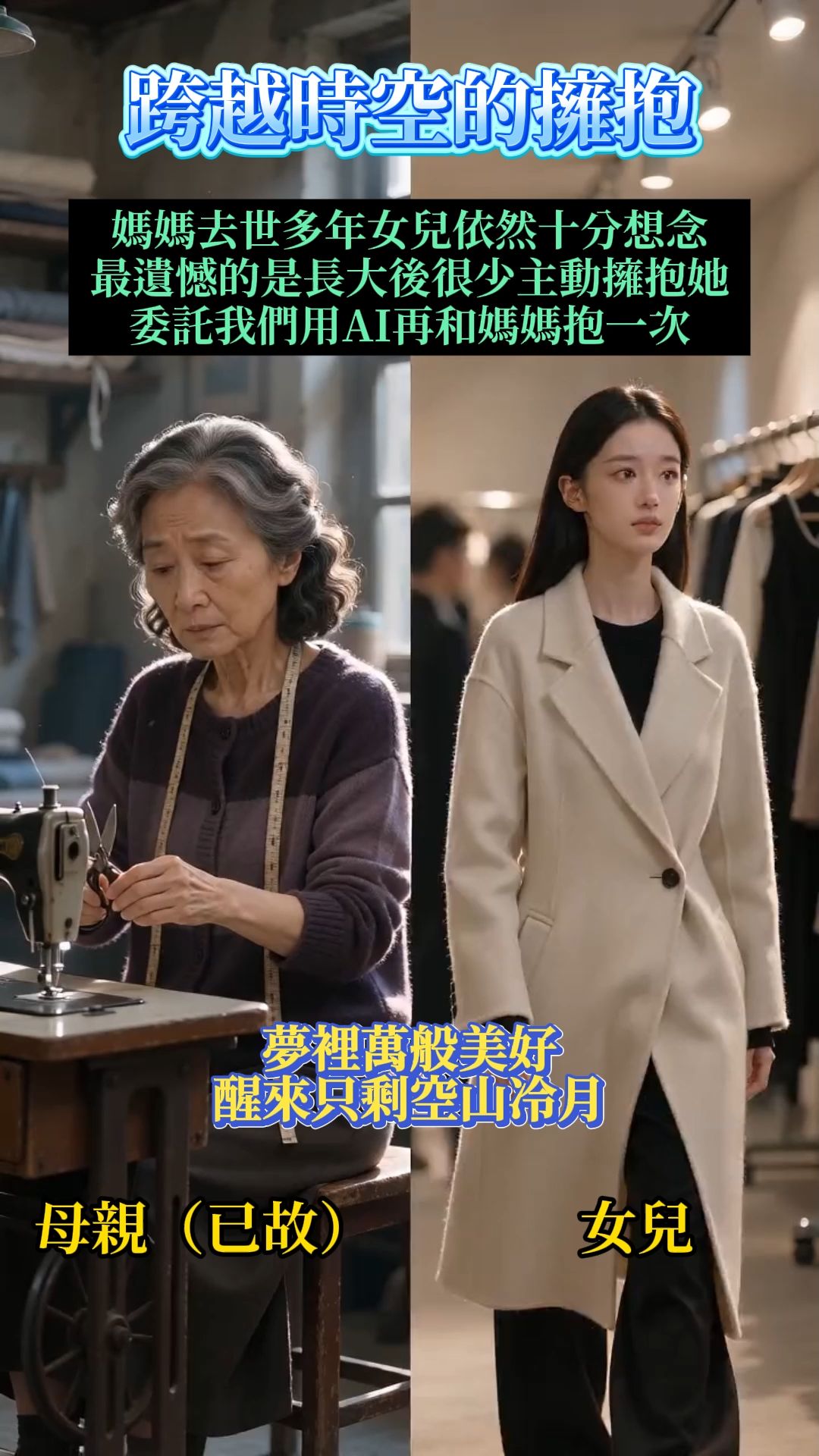 媽媽離世已經很多年了，女兒心裡一直放不下對她的思念。長大後才發現，曾經很少主動抱抱媽媽，也成了心裡最大的遺憾。後來她找到我們，希望透過AI照片復刻的方式，再好好擁抱一次思念多年的媽媽，彌補這份遲來的遺憾。#ai #親子 #回憶 #codex #擁抱 縮圖